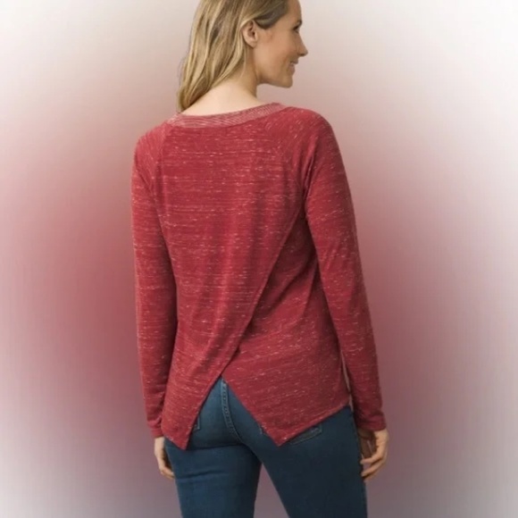 Prana | Marled Red Jinny V-Neck Long Sleeve Open Back Top, Large - Picture 2 of 7